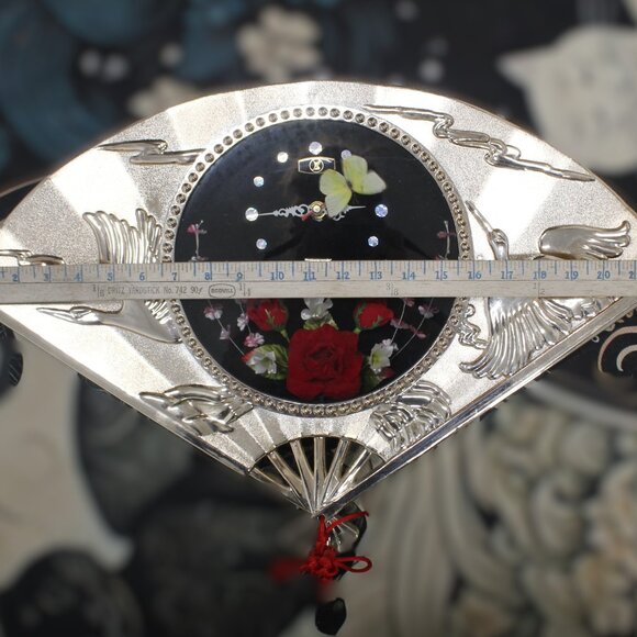 Vintage Gold Fan Wall Clock – Japanese Art Deco – Civic Quartz – Floral Face – 2 - Picture 5 of 7